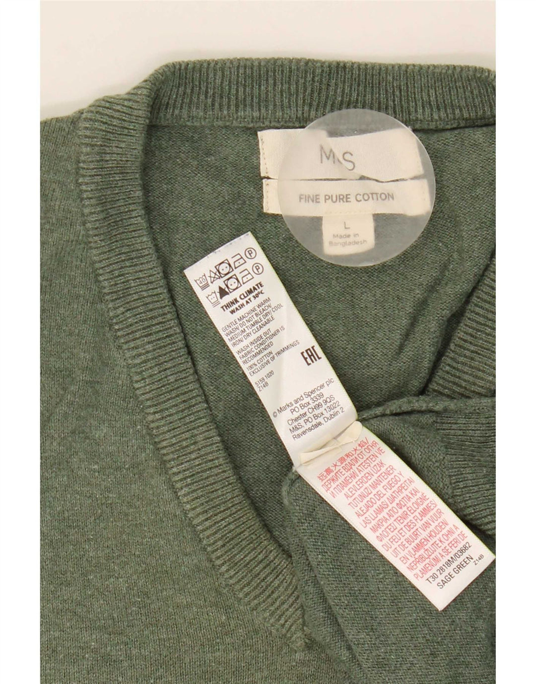 Marks & Spencer Jersey con cuello en V para hombre, talla grande, algodón verde