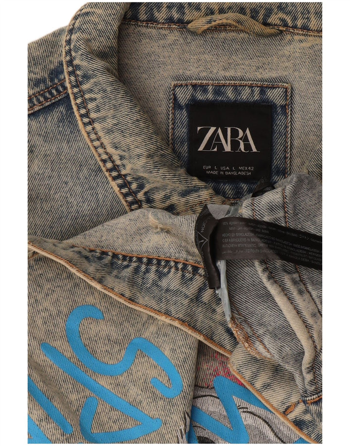 Zara Mens Graphic Denim Jacket UK 40 Grande Algodón Azul