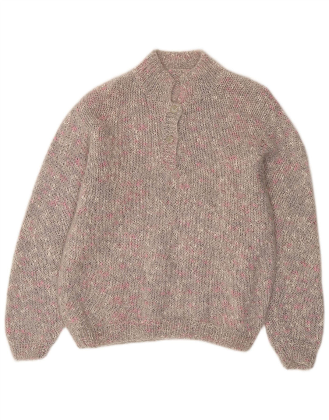 VINTAGE Mujer Botón Cuello Jersey Suéter Reino Unido 14 Grande Gris Flecked