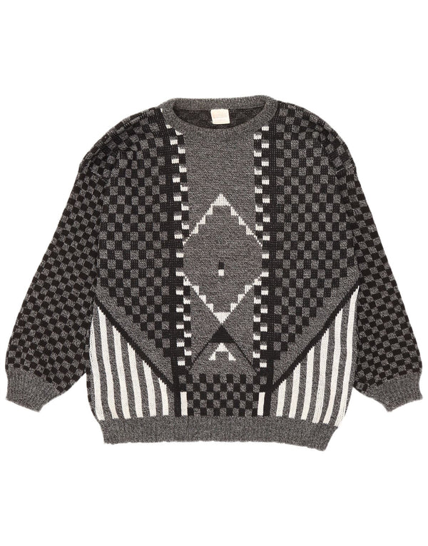 Vintage hombres V-cuello jumper suéter grande gris geométrico acrílico
