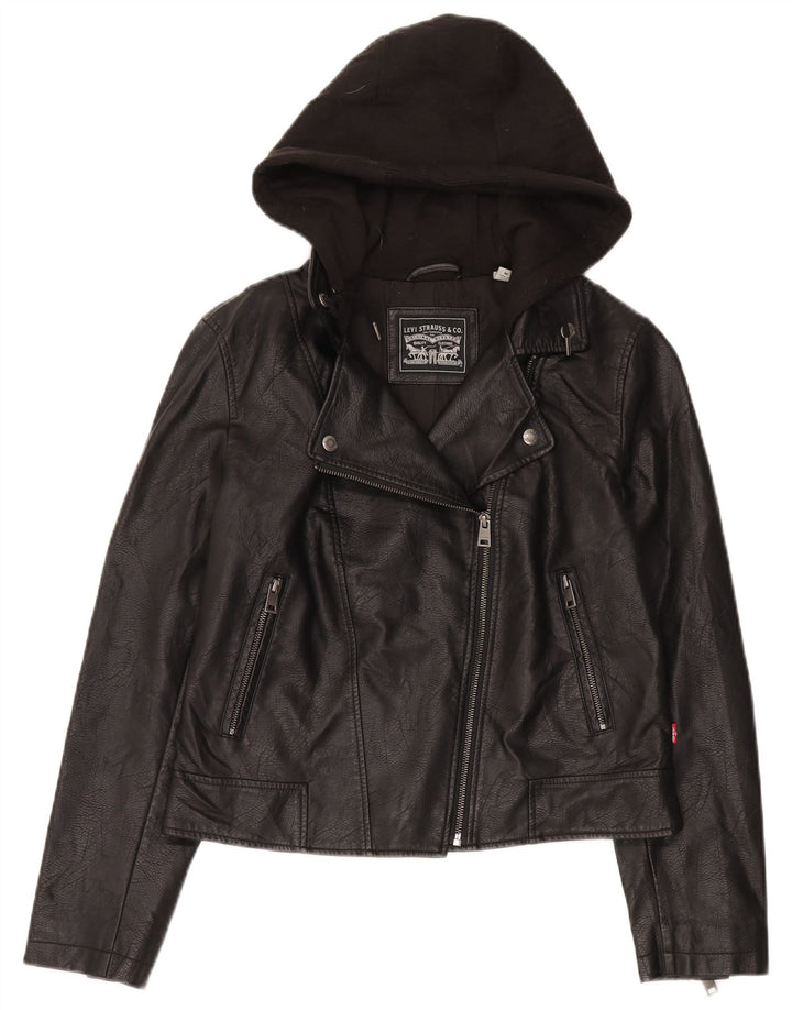 Levi's Chaqueta motera de piel sintética con capucha para mujer, talla 40, talla M, color negro
