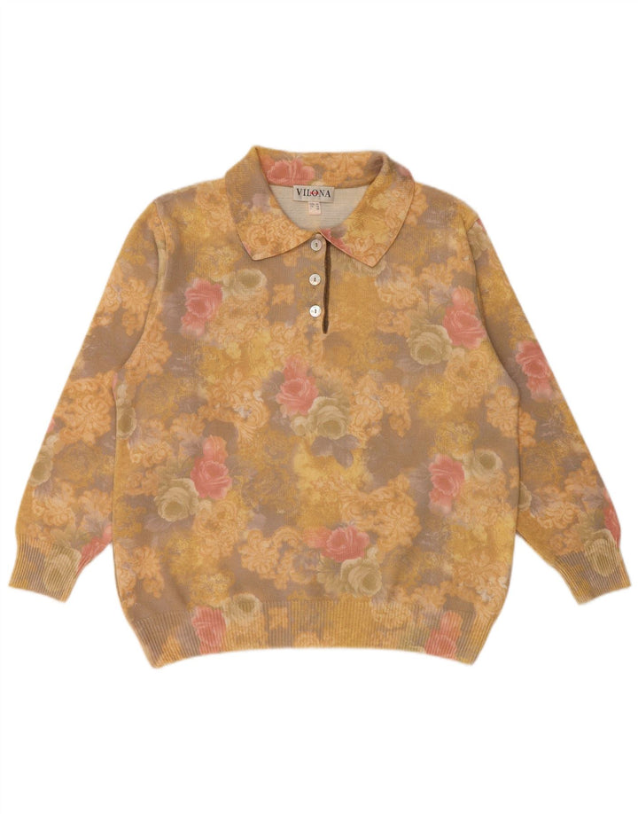 VILONA MODA Jersey de cuello polo para mujer UK 18 XL Lana floral amarilla
