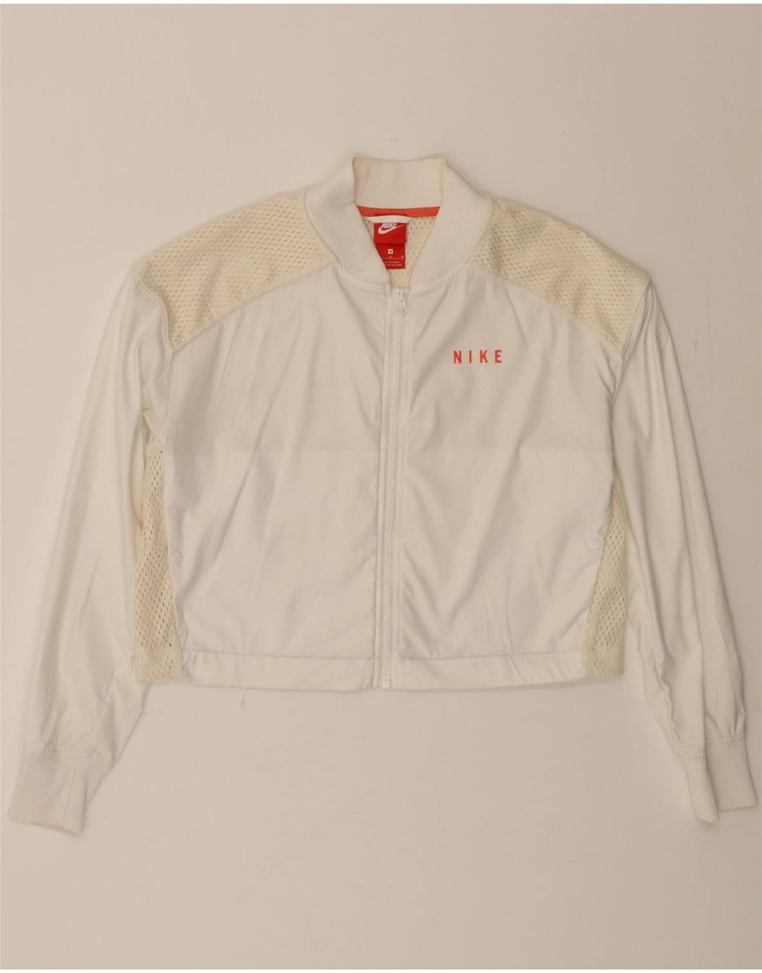 NIKE Womens Graphic Crop Tracksuit Top Jacket UK 14 Medium Off White Vintage Nike and Second-Hand Nike from Messina Hembry 