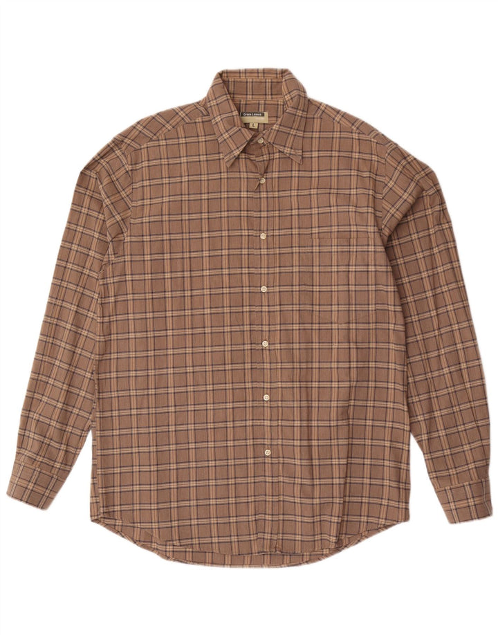 Camisa Hombre Hojas Verdes Algodón Cuadros Marrón Grande