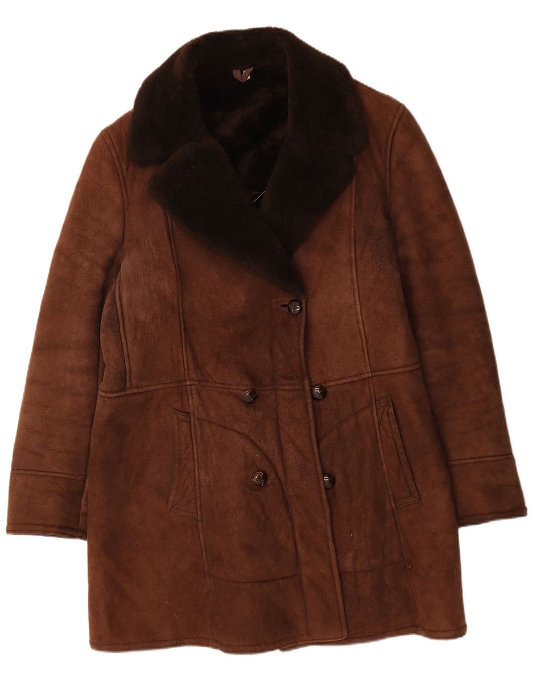 Vintage mujer shearling abrigo de doble pecho IT 54 3XL cuero marrón