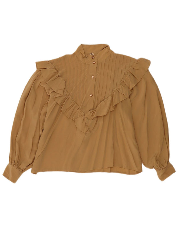 Vintage mujer manga larga volante blusa delantera Top IT 46 seda beige grande
