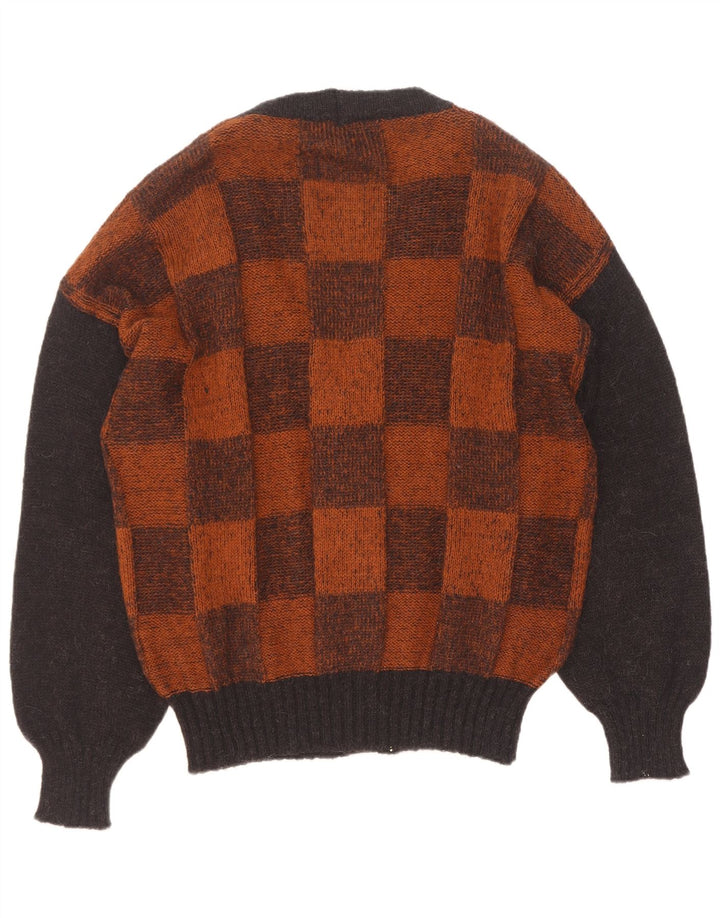 Vintage hombres Cardigan suéter grande marrón geométrico