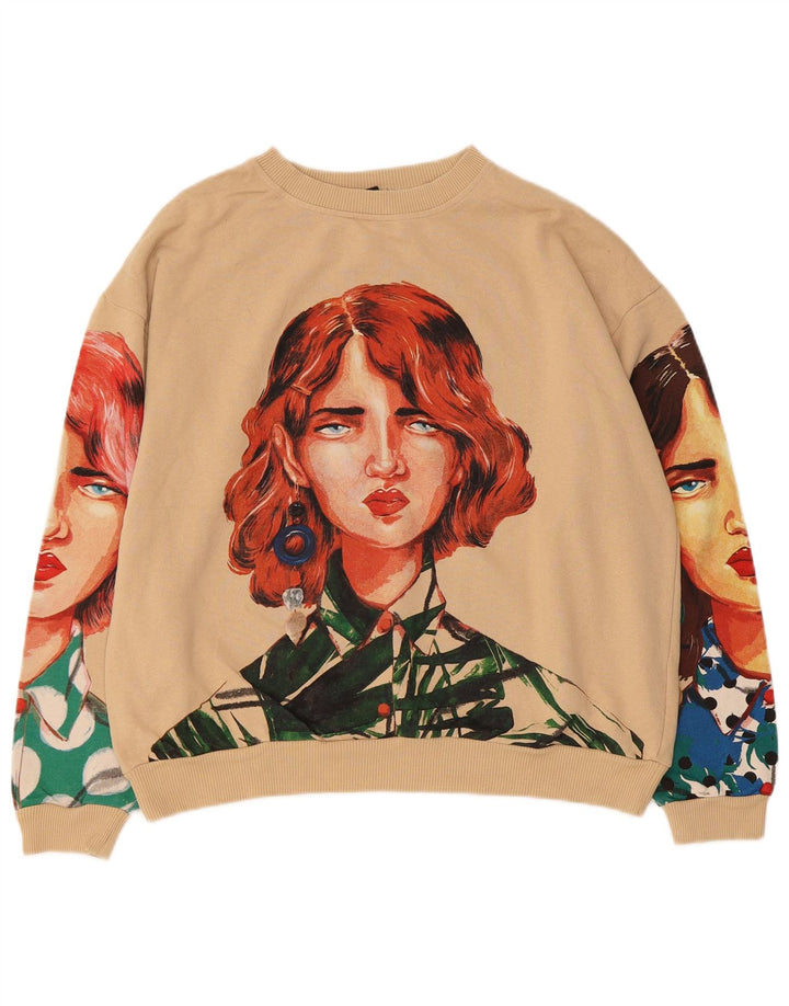 ZARA Mujer Oversize Crop Graphic Sudadera Jumper UK 44 Medium Beige