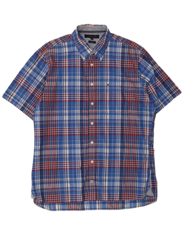 TOMMY HILFIGER Camisa de manga corta para hombre Custom Fit XL Algodón a cuadros azul