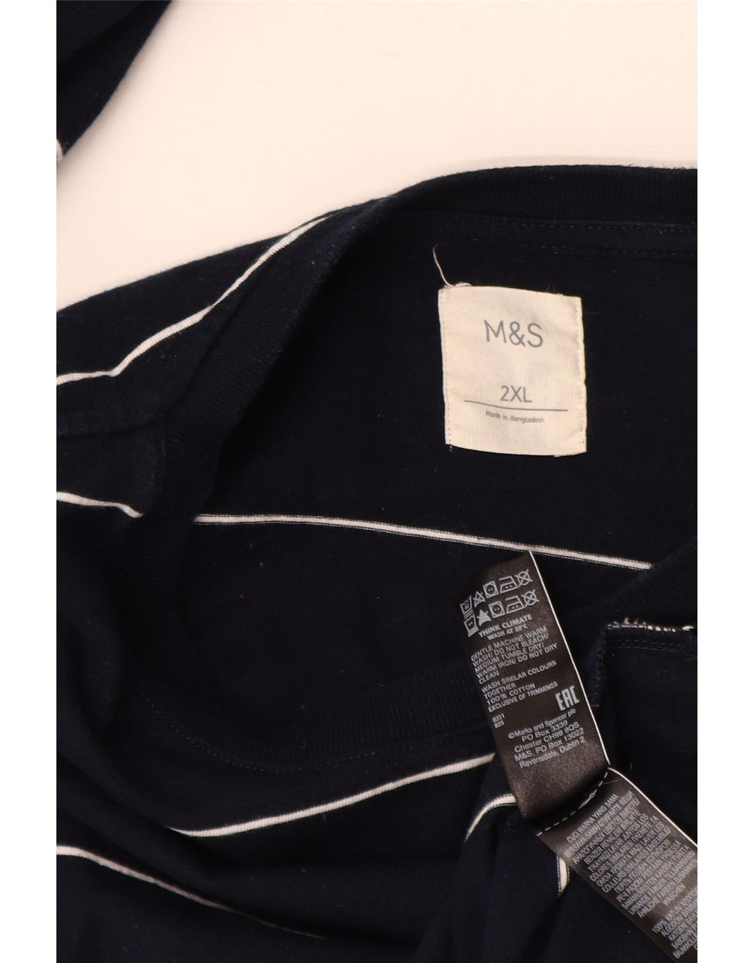 MARKS & SPENCER Camiseta de manga larga para hombre 2XL Algodón a rayas azul marino