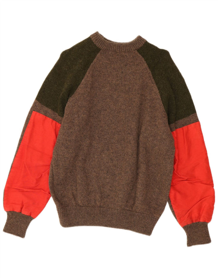 Vintage hombres cuello redondo jersey suéter medio marrón colorblock