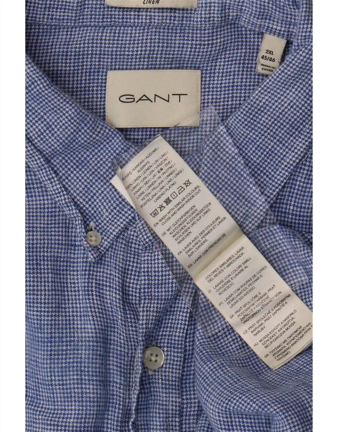 GANT Camisa de manga corta para hombre Talla 45/46 2XL Lino de pata de gallo azul