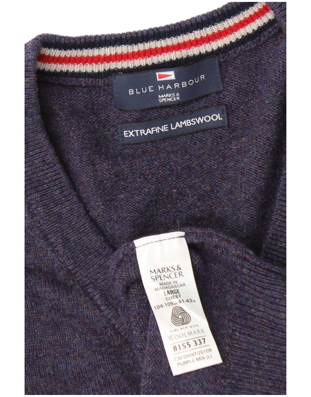 Marks & Spencer Suéter tipo jersey con cuello en V azul Harbor para hombre, talla grande, azul marino