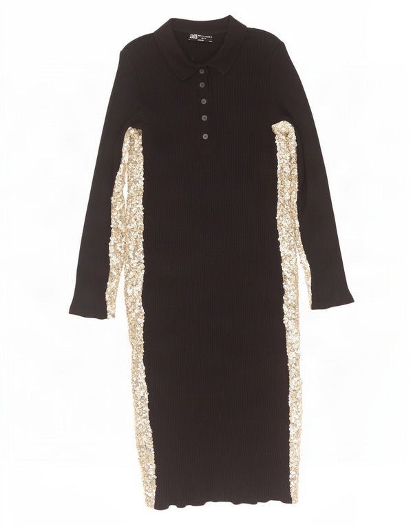 Zara Vestido Polo De Manga Larga Para Mujer UK 44 Grande Negro Colorblock
