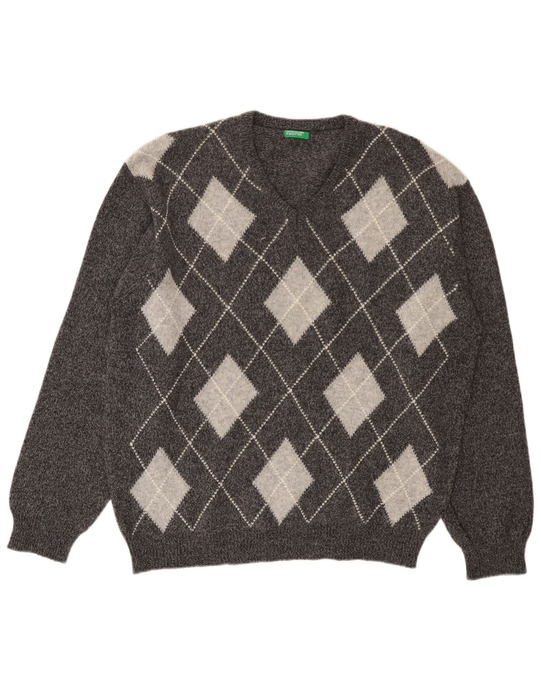 BENETTON Jersey con cuello en V para hombre, talla grande, gris Argyle/lana de diamante