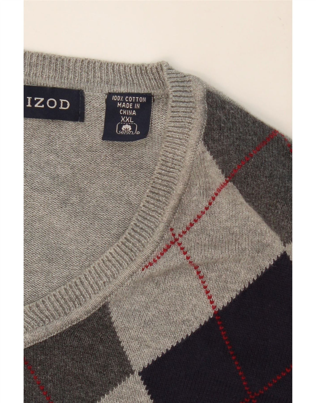 IZOD Mens V-Neck Jumper Sweater 2XL Grey Argyle/Diamond Cotton Vintage Izod and Second-Hand Izod from Messina Hembry 