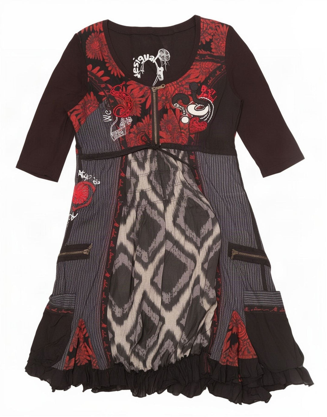 Desigual Vestido Imperio Mujer EU 42 Grande Negro Patchwork Algodón