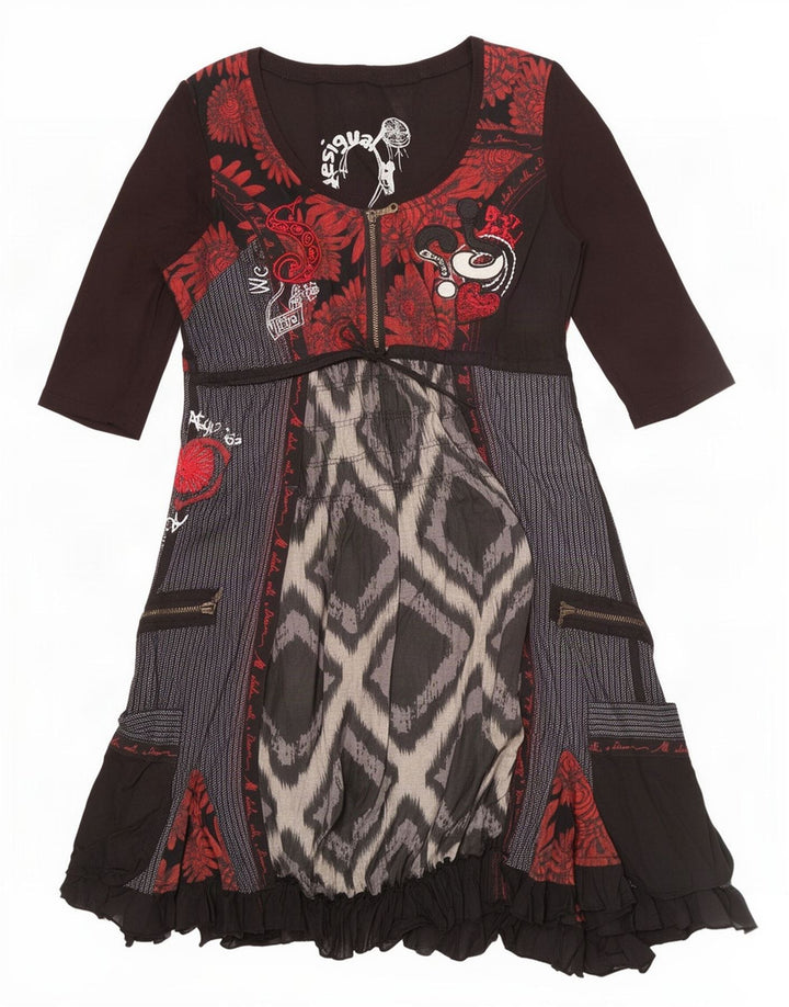 Desigual Vestido Imperio Mujer EU 42 Grande Negro Patchwork Algodón