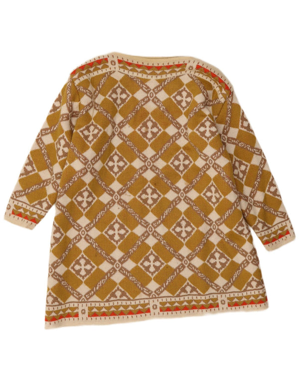 Vintage mujer manga larga jumper vestido Reino Unido 12 medio caqui geométrico
