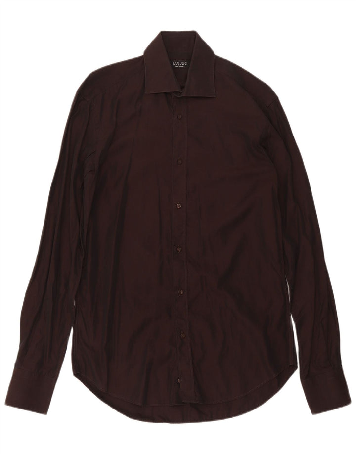 Zara Camisa Hombre EU 38 Algodón Marrón Medio