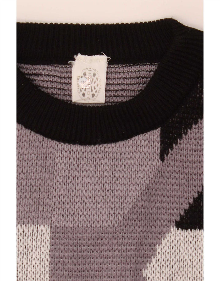 Vintage hombres cuello redondo jersey suéter IT 48 acrílico geométrico gris medio