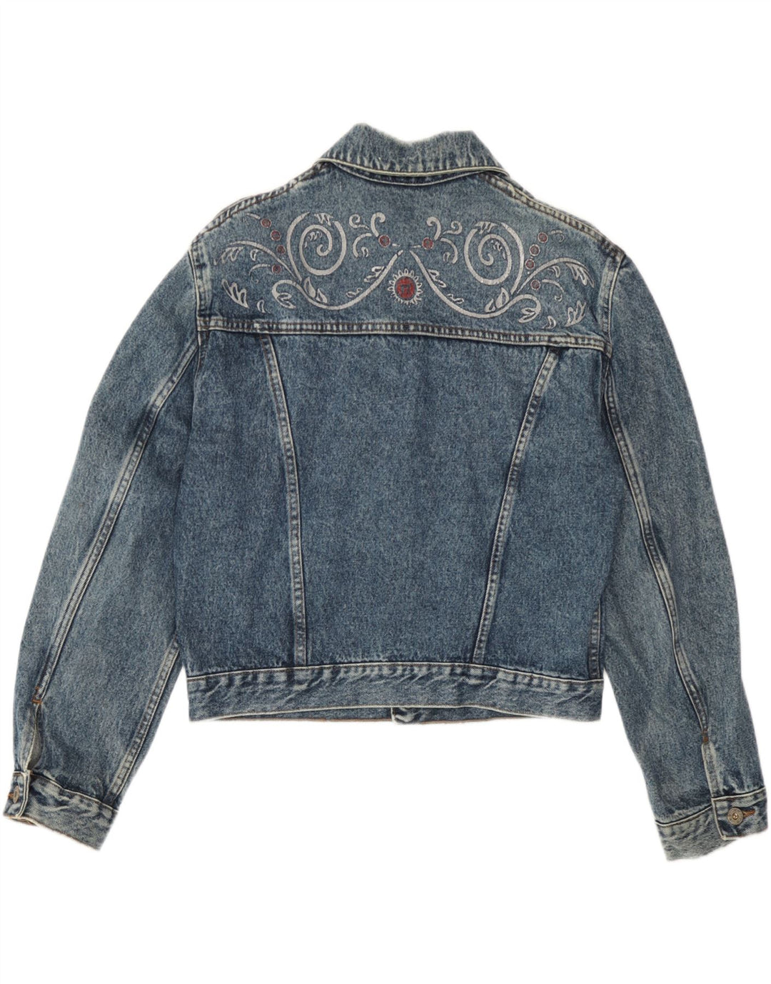 Vintage mujer crop denim chaqueta Reino Unido 14 grande azul Paisley