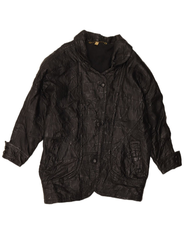 VINTAGE Abrigo de cuero de gran tamaño para mujer Reino Unido 8 Pequeño cuero patchwork negro