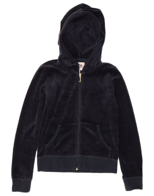 Juicy Couture Suéter con capucha y cremallera gráfica para niñas 8-9 años Grande Azul marino