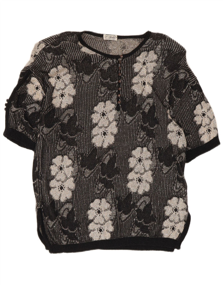 Vintage mujer botón cuello jersey suéter Reino Unido 14 medio negro floral