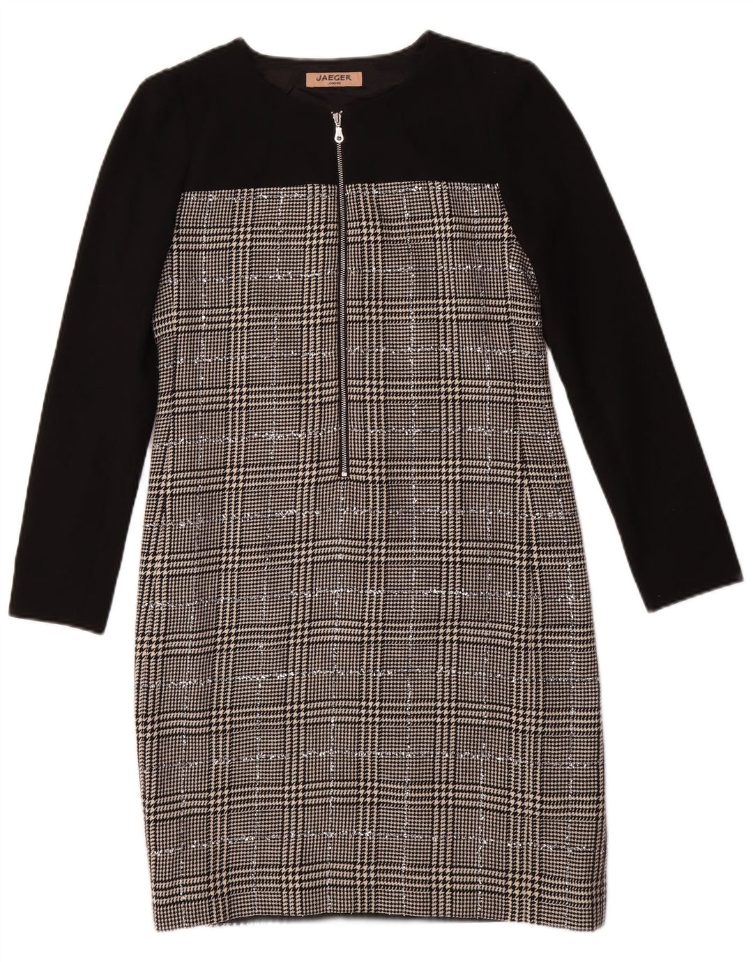 JAEGER Vestido tubo de manga larga para mujer UK 8 Small Lana de pata de gallo negra