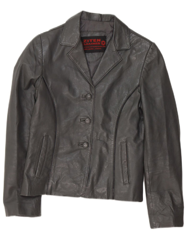 Vintage mujer crop 3 botón cuero blazer chaqueta Reino Unido 8 pequeño cuero gris