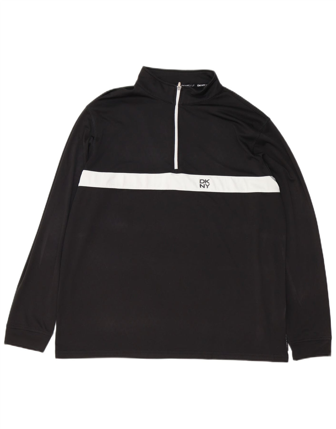 Dkny Hombre Golf Zip Neck Top Manga Larga Grande Negro Colorblock Poliéster