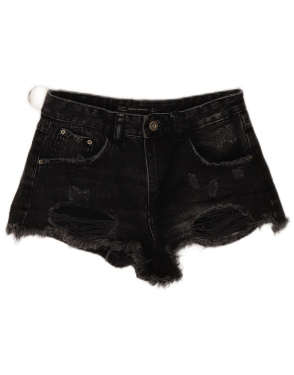 ZARA Mujer Trafaluc Shorts De Mezclilla Desgastados EU 34 2XS W24 Negro