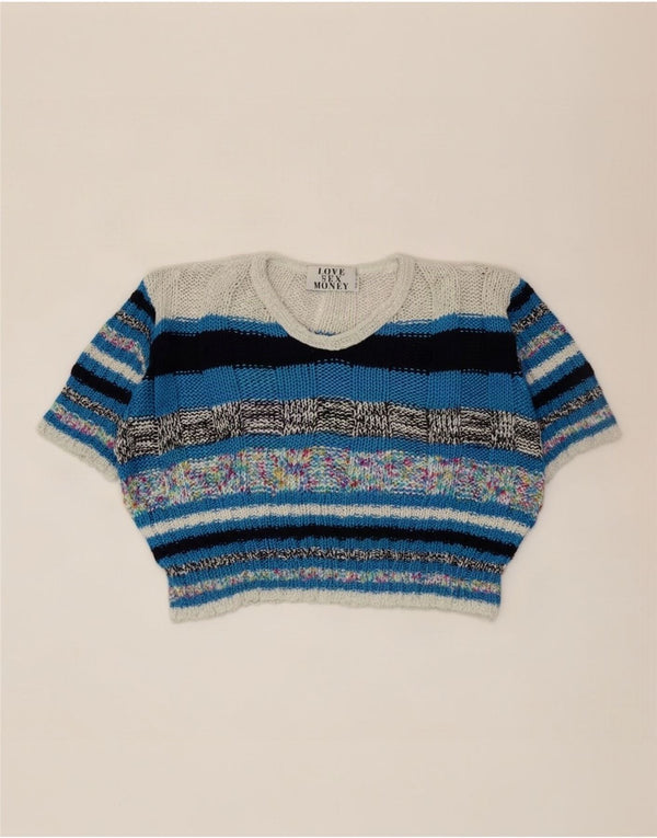 Vintage mujer crop V-cuello jumper suéter Reino Unido 14 medio multicolor