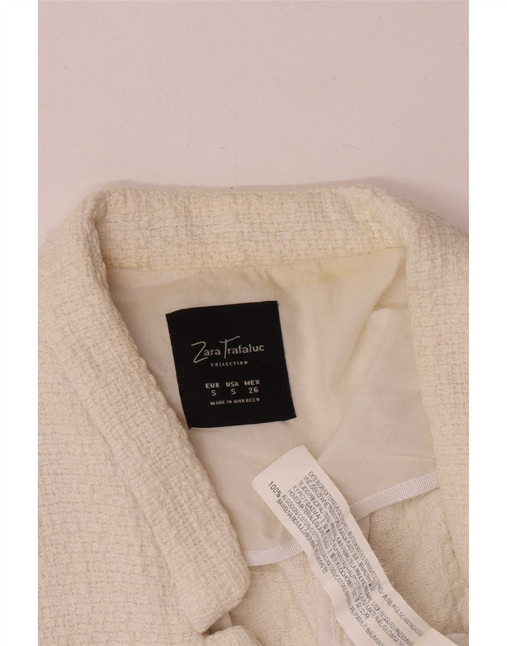 Zara Mujer Crop Blazer Chaqueta UK 8 Small Algodón Blanco