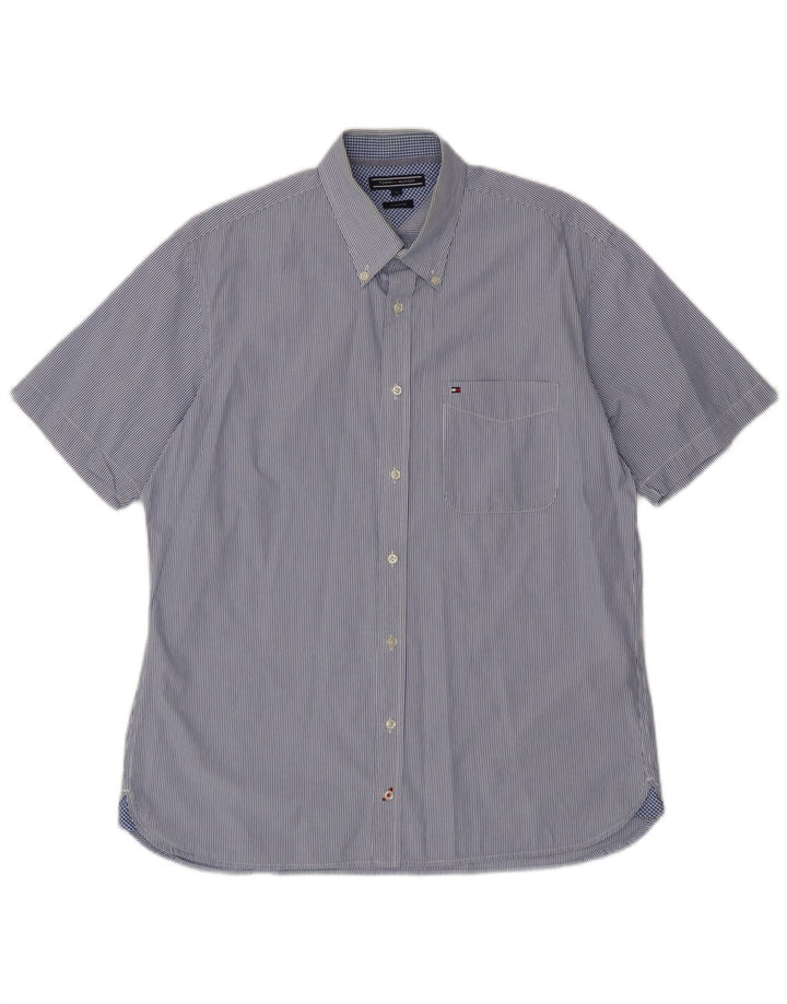 Tommy Hilfiger Camisa de manga corta con ajuste personalizado para hombre, talla grande, azul a rayas