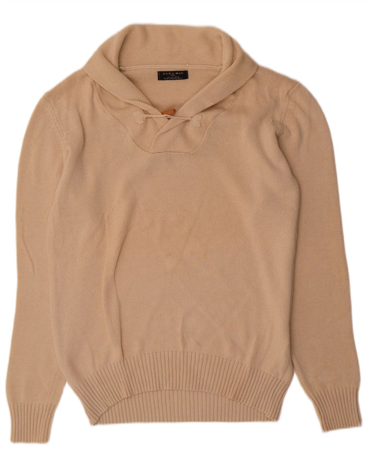 Zara Hombre Jersey Con Cuello Chal Jersey Grande Algodón Beige