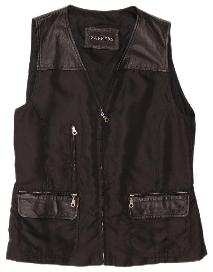 Vintage mujer oversize gilet IT 40 pequeño cuero negro