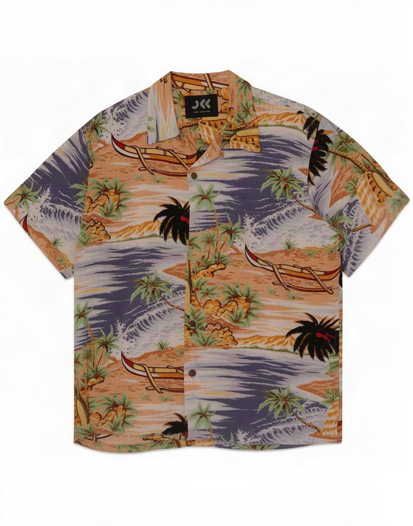 Vintage hombres camisa de manga corta grande multicolor rayón hawaiano