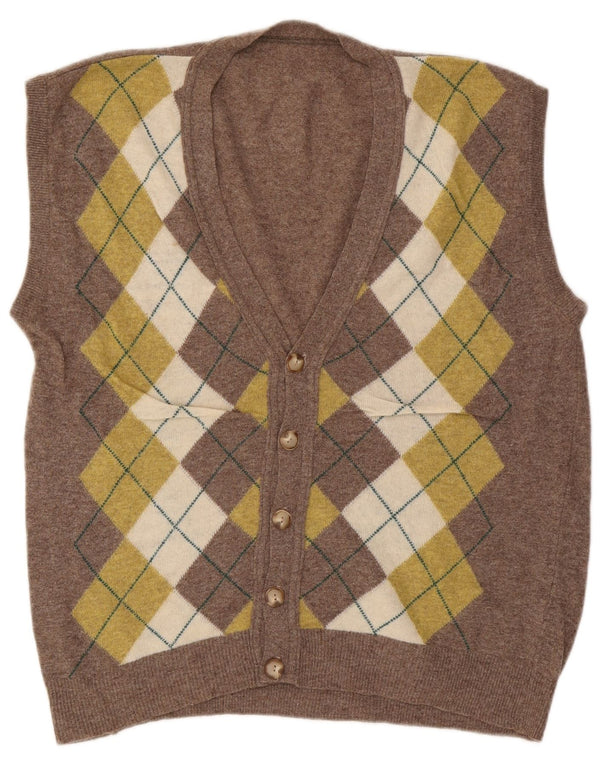 Vintage hombres sin mangas Cardigan suéter grande marrón Argyle/lana de diamante