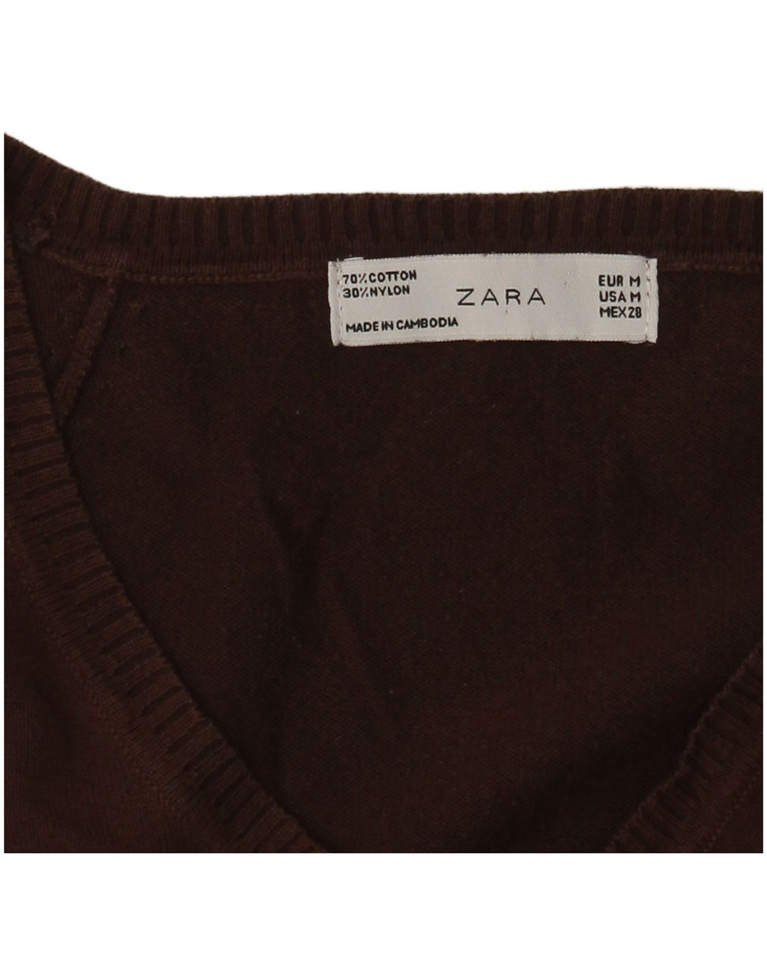 Zara - Jersey con cuello en V para mujer, talla 42, algodón marrón medio