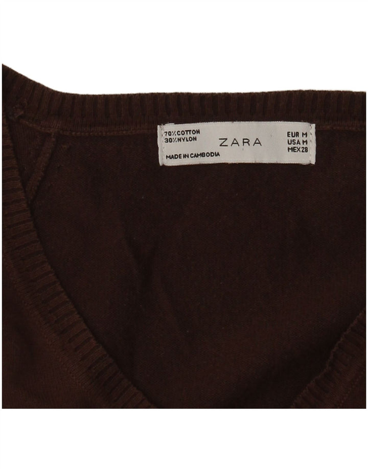 Zara - Jersey con cuello en V para mujer, talla 42, algodón marrón medio