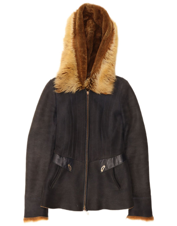 Vintage mujer con capucha chaqueta de piel de oveja EU 38 cuero azul marino medio
