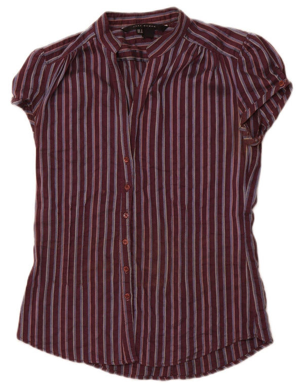 ZARA Blusa Camisa Manga Corta Mujer UK 40 Small Borgoña Rayas Algodón
