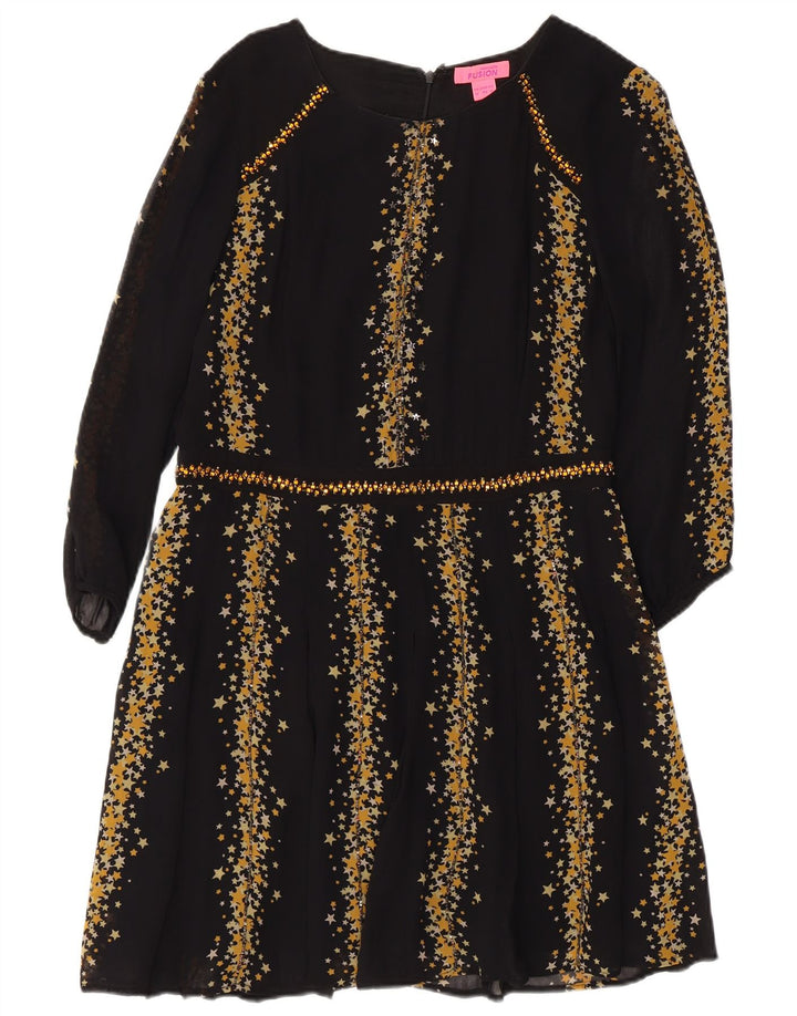 MONSOON Vestido acampanado de manga 3/4 con estampado abstracto para mujer, talla 44, talla M, color negro