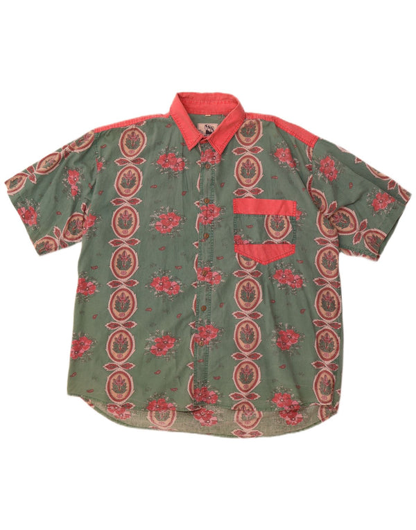 Camisa vintage de manga corta para hombre XL Algodón floral verde