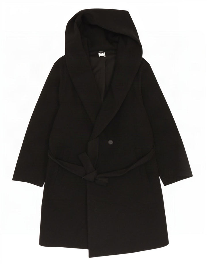 Zara Mujer Abrigo Cruzado Con Capucha ES 40 XL Poliéster Negro