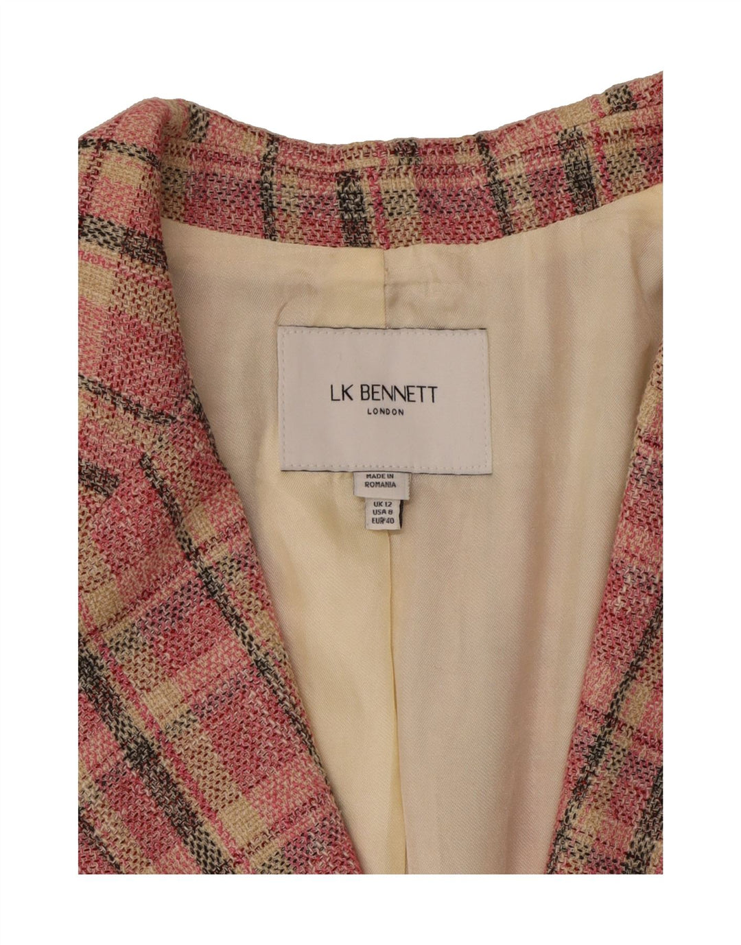 L.K. BENNETT Womens 2 Button Blazer Jacket UK 12 Medium Pink Check Cotton Vintage L.K. Bennett and Second-Hand L.K. Bennett from Messina Hembry 