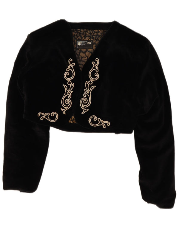 Vintage mujer terciopelo chaqueta bolero Reino Unido 14 algodón floral negro medio