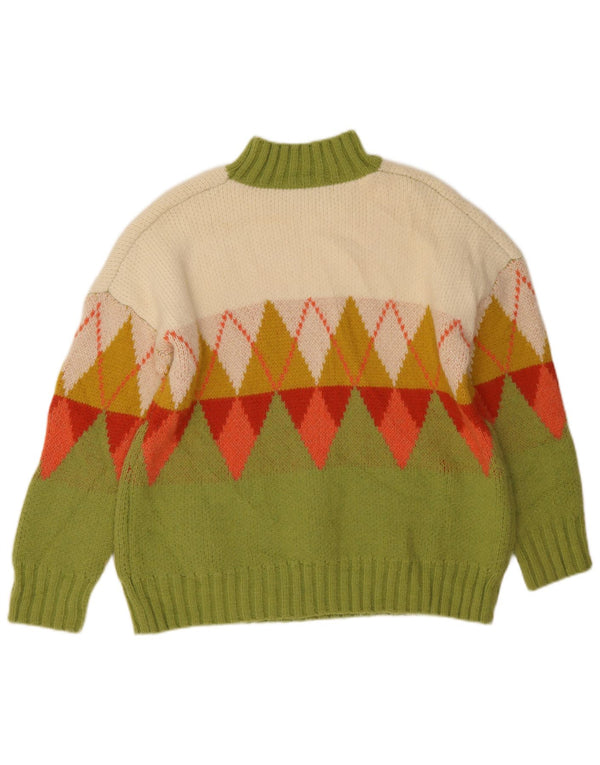 Vintage mujer tortuga cuello jumper suéter Reino Unido 18 XL verde Argyle/Diamond